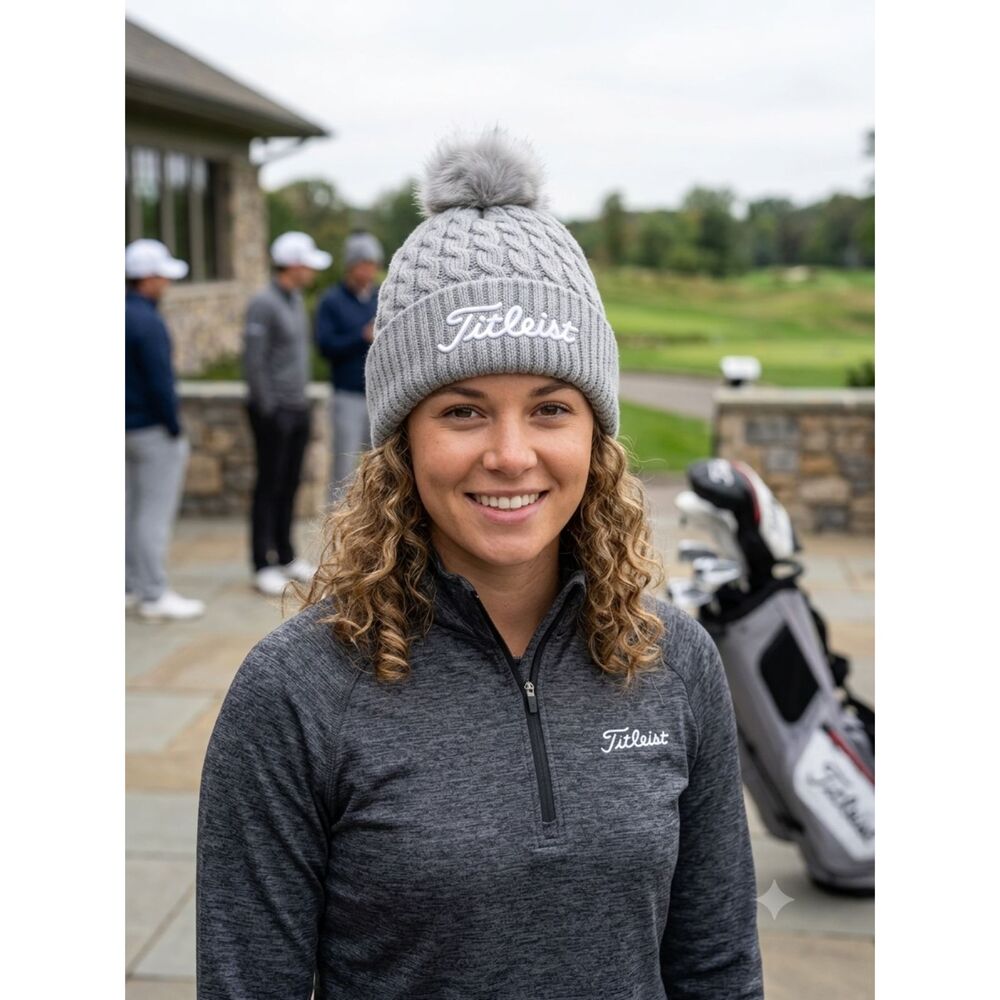 Titleist Women's Cable Knit Pom Pom Golf Hat - Color: Light Gray/White